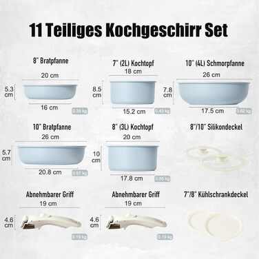 Набір посуду з антипригарним покриттям 11 предметів з знімними ручками: посуд для приготування їжі, сумісний з індукцією, газовою плитою, духовкою та посудомийною машиною, без PFAS (блакитний)