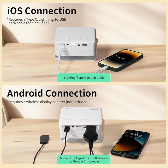 Міні проектор YOTON Y3 1080P: портативний для кінотеатру вдома, з авто-корекцією та HDMI/USB/Phone/PS5, жовтий