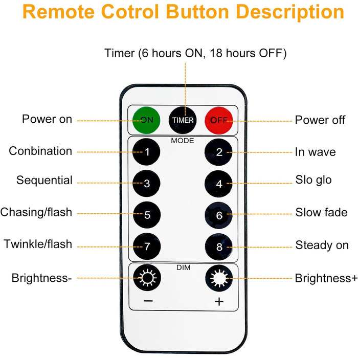 Льотова гірлянда на батарейках, 5 метрів, 50 LED, з таймером та пультом, 8 режимів, вологостійка, тепле біле світло, для декору, 6 шт.