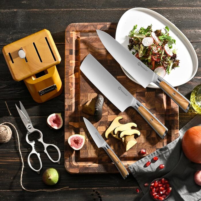 Набір ножів Sunnecko 6 шт. з підставкою – кухонний набір ножів, кухонні ножі з ергономічними ручками, гострими лезами, підставка з нержавіючої сталі та акації