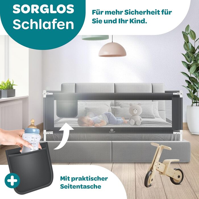 Захисний бортик для ліжка KESSER 180 см сірий: сітка, складаний, регульований, захист від випадання для дітей та малюків