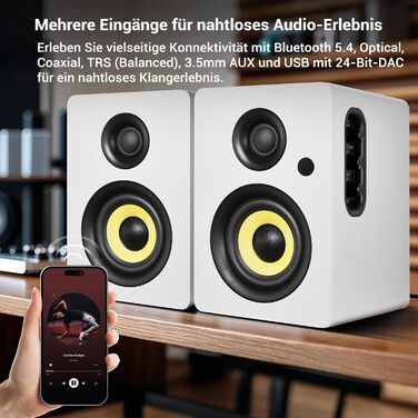 Sanyun SW206: 4-дюймові Hi-Fi акустичні колонки з режимом Studio, 80W, Bluetooth 5.4, USB DAC, для програвачів, TV, PC, MDF корпус, білі