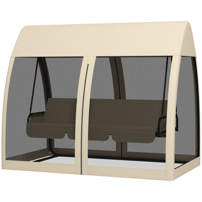 Гойдалка для тераси на 3 особи з функцією ліжка, гойдалка для веранди в стилі Голлівуд з москітною сіткою та сталевим каркасом.