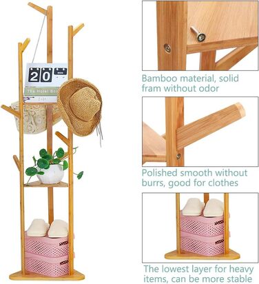 Стенд для одягу Unho з бамбука, 8 гачків, 3 полиці, для прихожей, офісу, спальні, кімнати очікування, для одягу, капелюхів, сумок