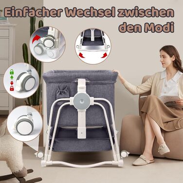 Дитяче ліжко-манеж 4 в 1 з регулюванням по висоті, з коліщатками та москітною сіткою, сірий колір