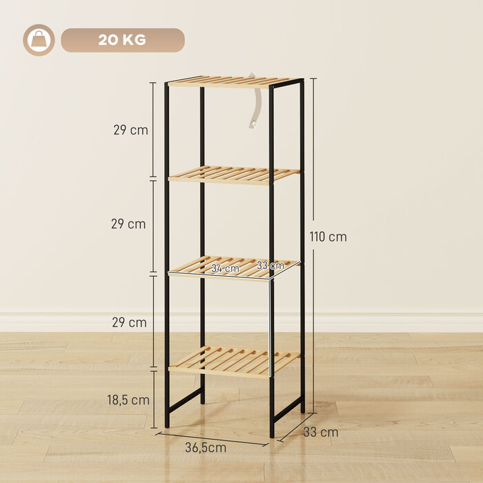 Стильна стелаж Standregal Badregal з бамбука та сталі, з 4 полицями, 4-ярусна книжкова полиця, розміри 36,5 x 33 x 110 см, колір: натуральний