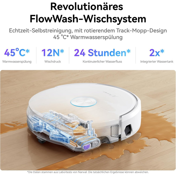 Робот-пилосос NARWAL Flow з функцією миття підлоги, система FlowWash з автоматичним самоочищенням, потужність 22000 Па, збір шерсті тварин DualFlow, миття 45-80°C та гаряче повітря, док-станція для самостійного очищення