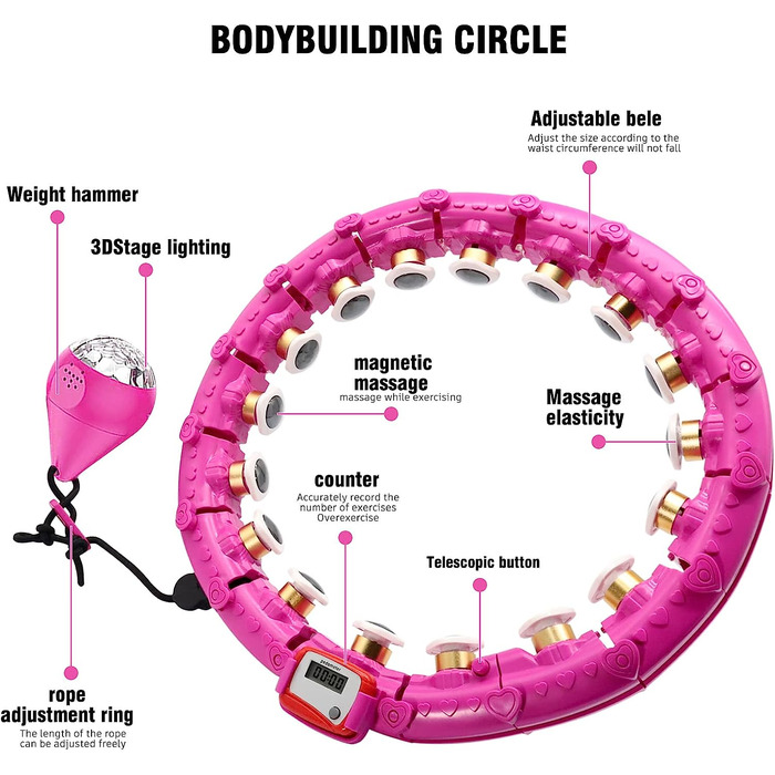 Розумна обручка Wepai для дорослих, обруч з вагою з магнітною подушкою для масажу, 24 регульованих рахункових обруча зі світлодіодними гравітаційними кульками для тренувань, фітнесу, схуднення (фіолетовий)