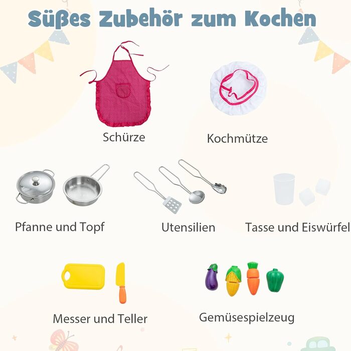 Дерев'яна дитяча кухня DREAMADE з аксесуарами, кухонний куточок з плитою, духовкою, мийкою та дошками для письма, ігровий набір з підсвіткою та звуком для дівчаток від 3 років (білий)