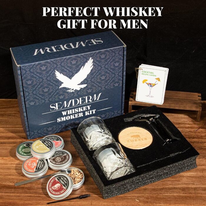 Набір для копчення віскі, ретро-дизайн, з ліхтариком, 6 смакових стружок, 2 склянки, 2 форми для льоду, коктейльний набір для копчення, подарунок для чоловіків, батька, набір для копчення бурбону