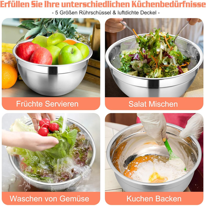 Набір мисок Homikit (5 шт.) з нержавіючої сталі з кришкою та силіконовим дном. Багатофункціональний, стековий, придатний для миття в посудомийній машині, 6.6L / 3.5L / 2.5L / 1.5L / 1L (Кольоровий, з 3 терками)