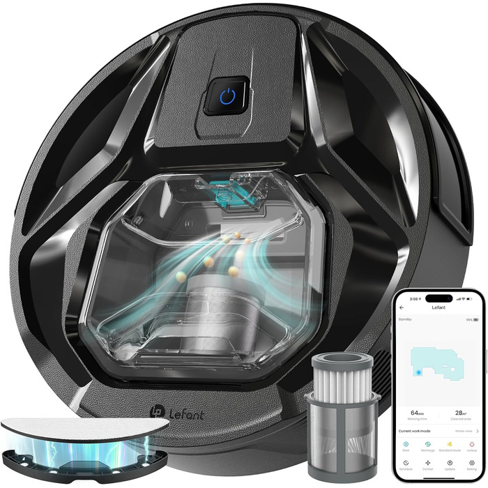 Робот-пилосос Lefant Gen2 з функцією миття, 12000Pa, автоматичне порожнення, LiDAR, Freemove 3.0, 8 тижнів бездротової роботи (чорний)