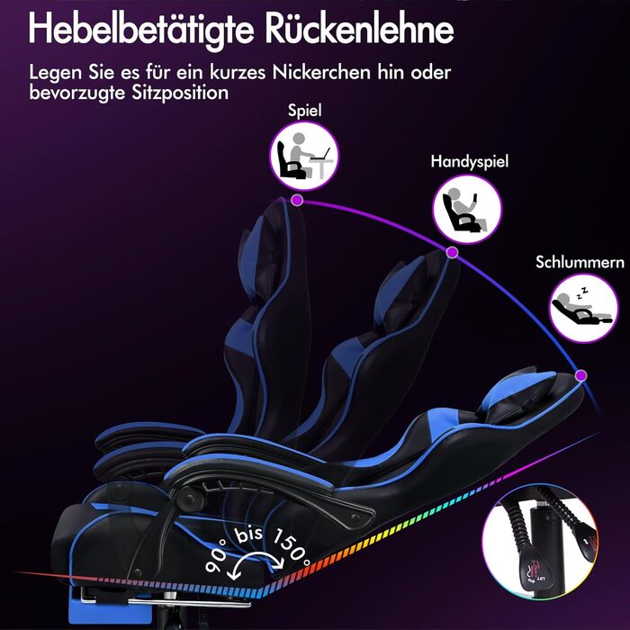 Ігровий крісло Alfordson з підніжкою, масажем, регулюванням на 150° та PU-шкірою. Макс. вага 180 кг, серія Eryx (Чорний/Синій)