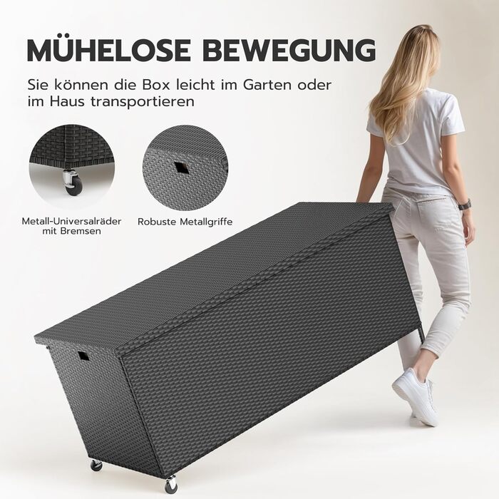 Водонепроникний садовий ящик Amopatio Gartenbox 480л з поліротангу, металевий ящик для подушок на колесах з газліфтом, чорний