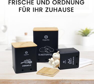 Набір коробок для зберігання картоплі, цибулі та часнику – 3 шт. Металеві овочеві контейнери з картопляницею та очищувачем – чорний колір