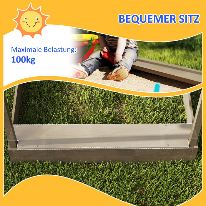 Пісочниця з сонцезахистом, у вигляді будиночка, з ігровим набором, оброблена масивна деревина, 124 x 116 x 146 см, сірого кольору