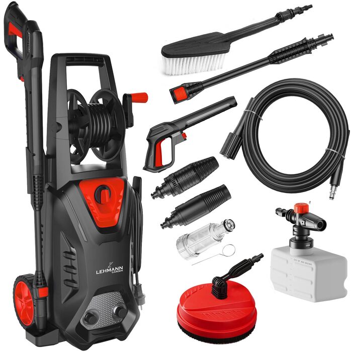 Високотискний мийник LEHMANN Hudson з алюмінієвим насосом, 1800 Вт, макс. 220 бар, продуктивність 450 л/год, комплектація: щітка для тераси, піногенератор, щітка для дисків, ідеальний для миття автомобілів