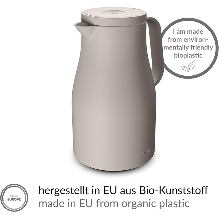 Термос Alfi ECONSCIOUS 1.0л з термоізоляційним вкладишем з біопластику, гігієнічний, з поворотним кришкою та кнопкою, для зручного наливання однією рукою, ідеальний для кави та чаю, без BPA (Oatmeal Beige)