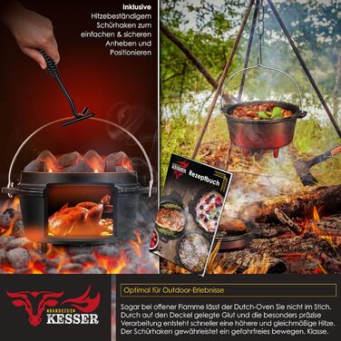 Набір голландських казанів KESSER® BBQ Feuertopf: 13.6 л, чавун, з кришкою-підйомником, ручкою та отвором для термометра. Ідеально для приготування на грилі, на відкритому вогні та в приміщенні.