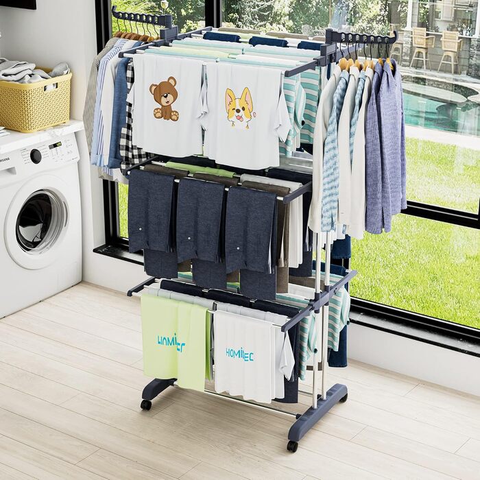 Сушарка для білизни вертикальна SIMPDIY, розкладна башта-сушарка з 6 крилами та 2 бічними панелями, мобільна сушарка на колесах для дому та вулиці, сіра