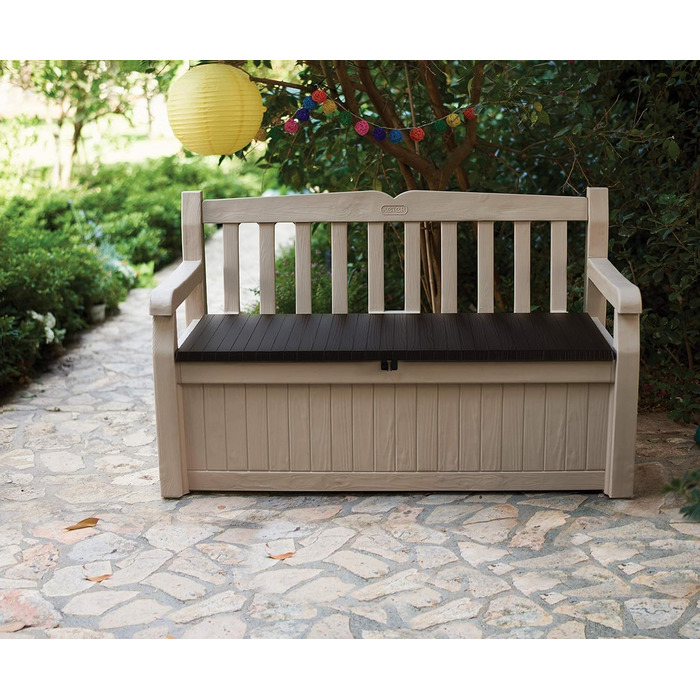 Стілець-лавка Keter Eden для балкона та саду, садовий стілець з вбудованою коробкою для зберігання з об'ємом 265 л, 140x60x84 см, вологостійкий, легкий у догляді, бежевий, для вулиці, з імітацією дерева