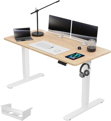 Регульований за висотою стіл Airfish з USB-портом, електричний, з органайзером для кабелів, комп'ютерний/офісний стіл, стоячий стіл з нагадуванням про сидячий режим, 160x80 см, Бежевий/Білий