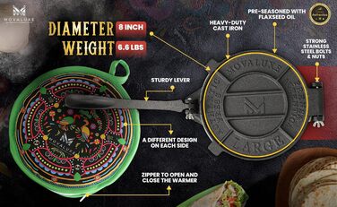Набір пресів для тортильї MOVALUXE чавун 20,3 см, включаючи сумку для підігріву, тримач для тако, пергамент і електронну книгу з рецептами