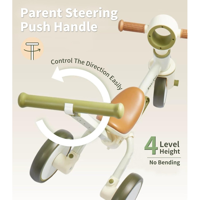 Дитячий біговел-триколіс LOL-FUN 5-в-1 з ручкою для штовхання, зелений оливковий, для хлопчиків та дівчаток від 1 року