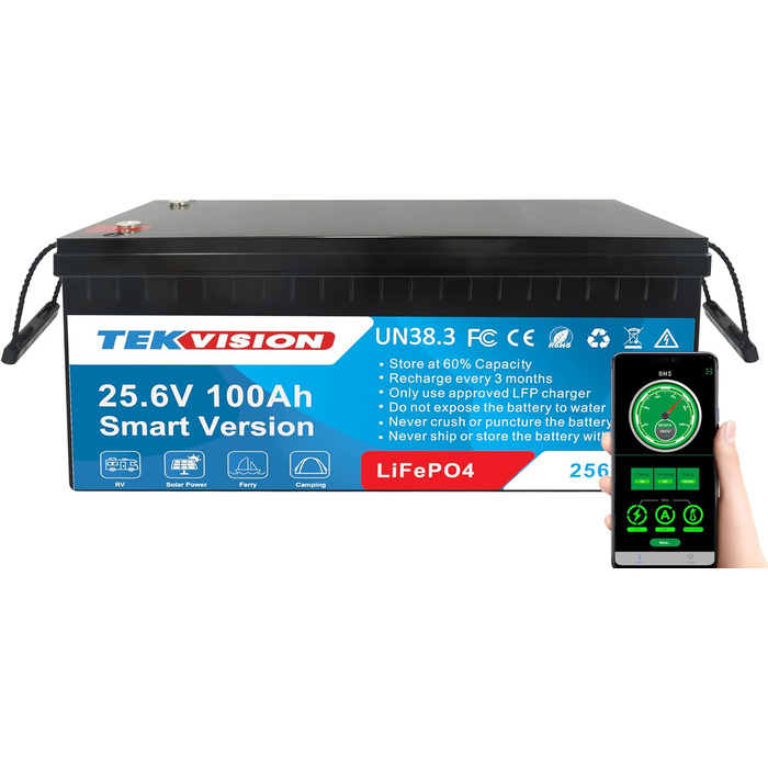 Акумулятор Tekvision LiFePO4 24V 100Ah з BMS для автофургону, човна, сонячної системи, каравану, домогосподарства