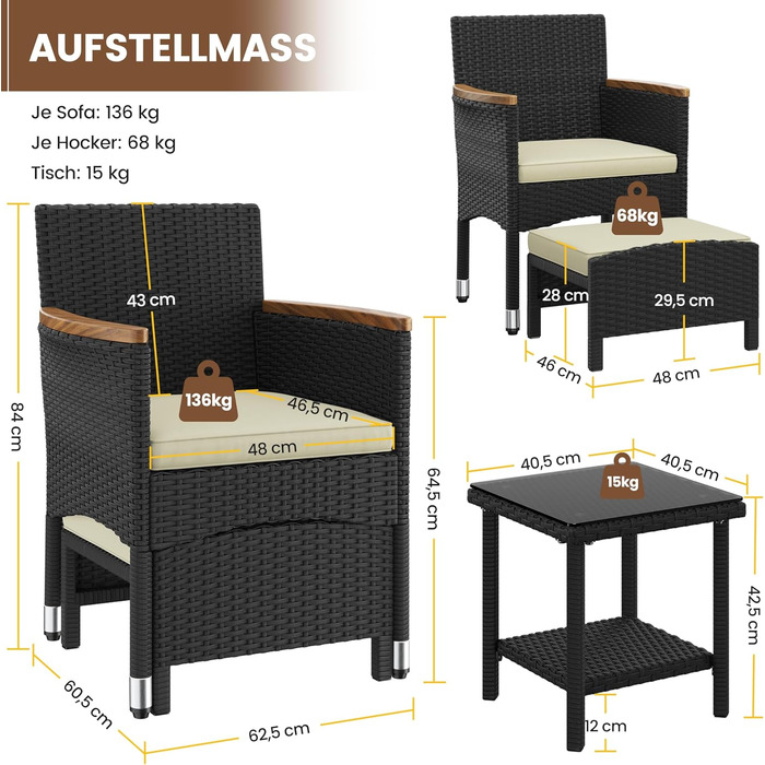 Набір садових меблів Yaheetech з ротангу для балкона та тераси: 2 крісла, 2 пуфи, столик - чорний та бежевий