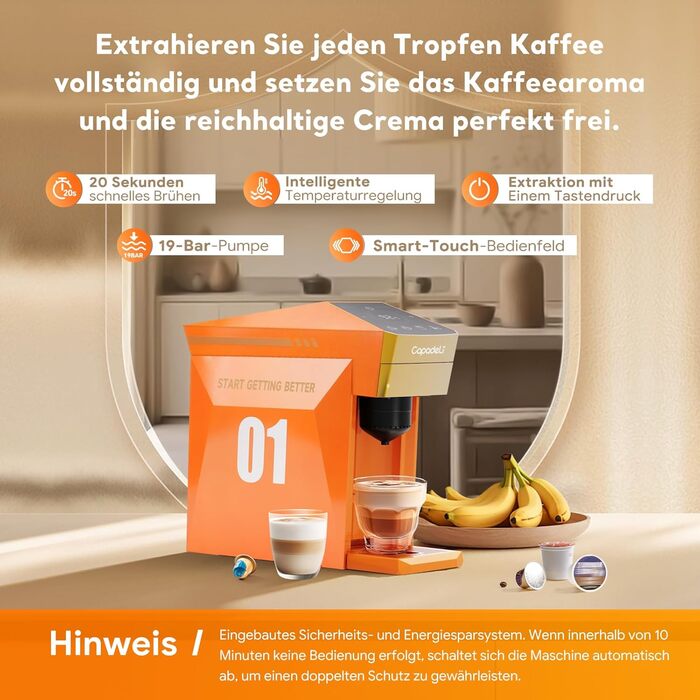 Кавомашина 4-в-1 для NES, Dolce Gusto, K-Cup та меленої кави, 19 bar, сенсорне керування, помаранчевий колір