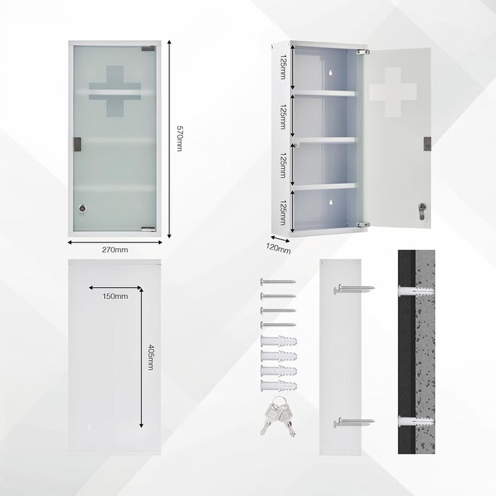 Медичний шкаф Zedelmaier з нержавіючої сталі, 4 відділення, для зберігання ліків, з замком, 57 x 27 x 12 см, білий