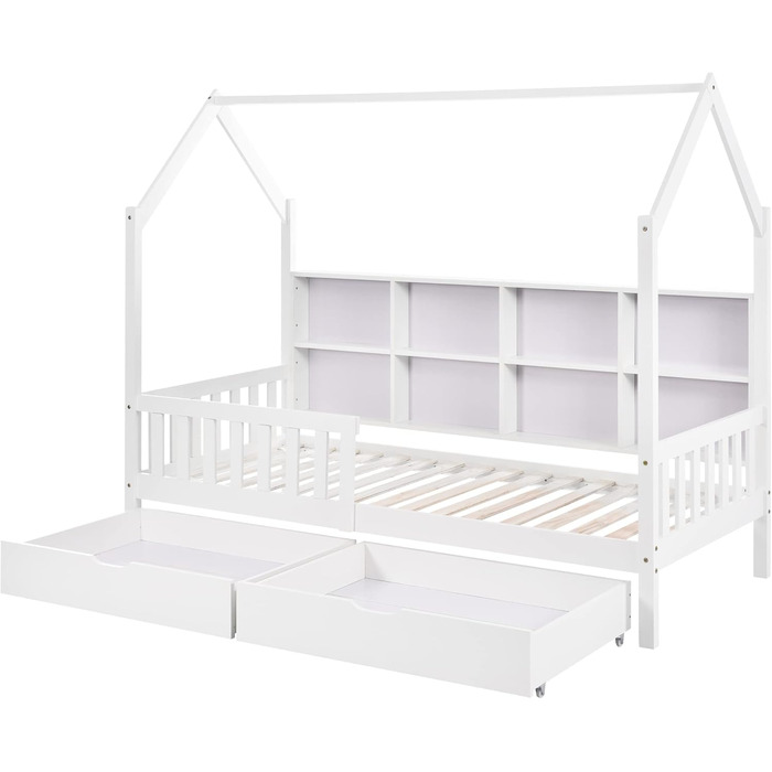 Ліжко дитяче 80x160 см з ящиками та віконцем, масивне дерево, захист від падіння, ламелі, для хлопчиків та дівчаток, ліжко-будиночок, без матраца, білий колір