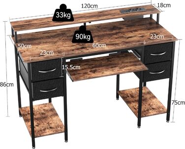 Ігровий стіл BEXEVUE з розетками та LED-підсвіткою 120x50 см - сучасний комп'ютерний стіл з підставкою для клавіатури, 4 висувні ящики, велика полиця для навчання, ігор та роботи. Колір: коричневий