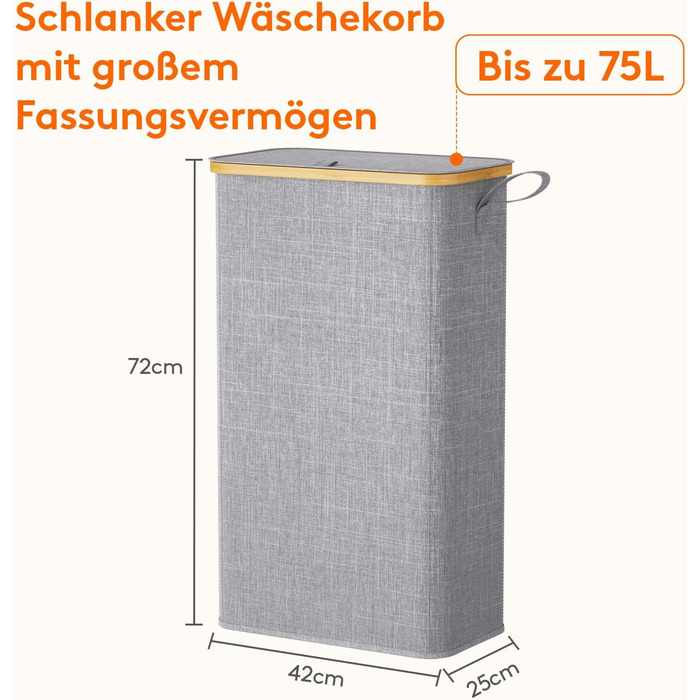 Кошик для білизни Lifewit з кришкою, вузький, складний, 75л, бамбук, сірий