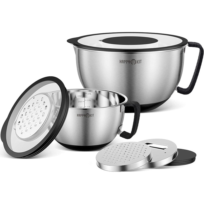 Набір місок для перемішування HAPPY KIT 18/8 з кришкою, 2 шт. (3QT, чорний). З нержавіючої сталі, з виливом, антиковзким дном та насадками для тертя.