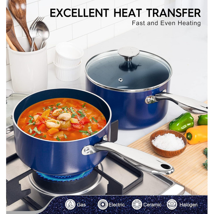 Набір каструль Michelangelo з керамічним покриттям, 1.5л, 2л, 3л, з кришкою, з нержавіючої сталі, синій, для плити та духовки