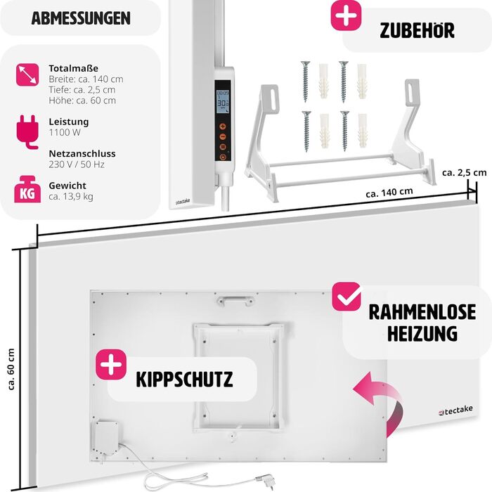 Інфрачервоний обігрівач tectake із захистом від нахилу, термостатом і захистом від перегріву, інфрачервоний обігрівач для стіни, для стельового монтажу або як інфрачервоний обігрівач Підлоговий блок електричний (1100, Ватт) 1100 Вт
