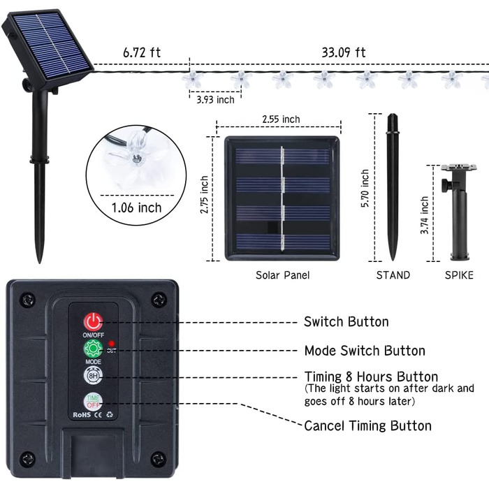 Вуличні гірлянди на сонячних батареях, 100 світлодіодних, 12 м, вуличні водонепроникні гірлянди IP65, 8 режимів, освітлення, декор для саду, патіо, дерев, вечірки, весілля, Різдва, Хеллоуїна (теплий білий) (цвітіння сакури)