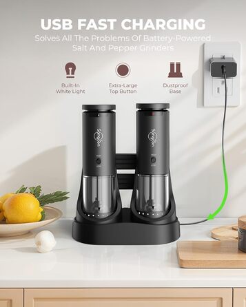 Електричні млини для солі та перцю Sangcon, 2 швидкості, перезаряджувані, 6 ступенів помелу, автоматичний набір з док-станцією, для зручного використання, сірий + чорний