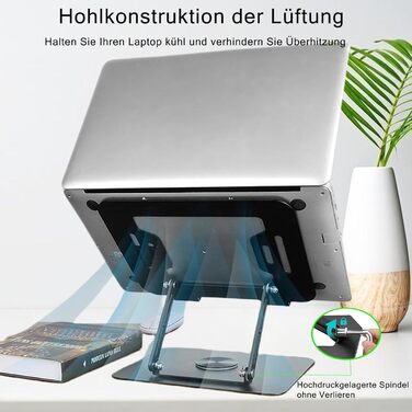 Підставка для ноутбука з регулюванням висоти та поворотним підставою 360°, ергономічна, вентильована, чорна (10-17 дюймів)