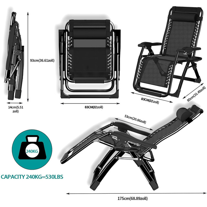 Розкладний шезлонг для відпочинку: зручний садова крісло з регульованою спинкою, 200 кг, чорний