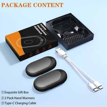 Електричний грієчка для рук, перезарядна, 2 шт. з акумулятором 6000mAh, USB-кабель, 3 режими нагріву, 20 годин тепла, перезарядна кишенькова пічка для активного відпочинку взимку (чорний, сірий)