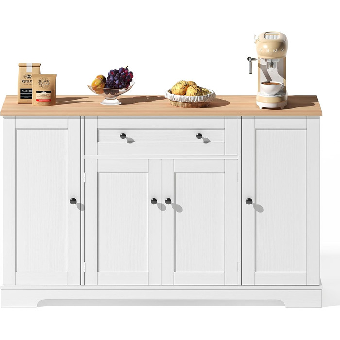 Багатофункціональний буфет-біликовий стіл 138 см з шухлядою, полицями та регульованими полицями – з кріпленням від перекидання, для кухні, вітальні та спальні (Натуральний+білий)