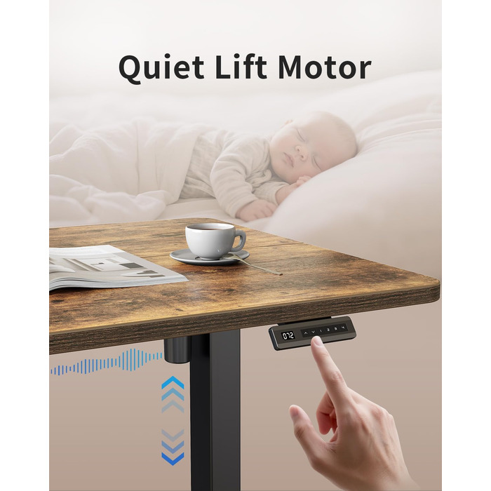 Електричний стіл CUBICUBI з регулюванням висоти, 140 x 60 см. Стельовий стіл з T-подібними ніжками зі сталі, пам'ять керування, антиколізійна система, чорний каркас/коричнева стільниця
