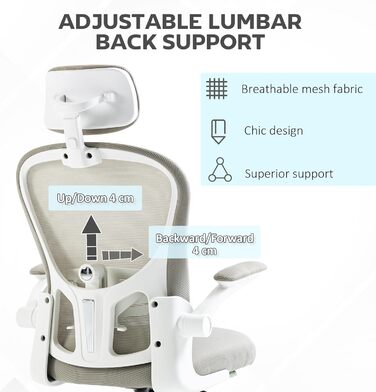 Офісне крісло Vinsetto з високою спинкою, сітчаста тканина, комп'ютерне крісло з обертовою підголівником, 4D поперекова підтримка, відкидні підлокітники, регульована висота, Білий (Сірий)