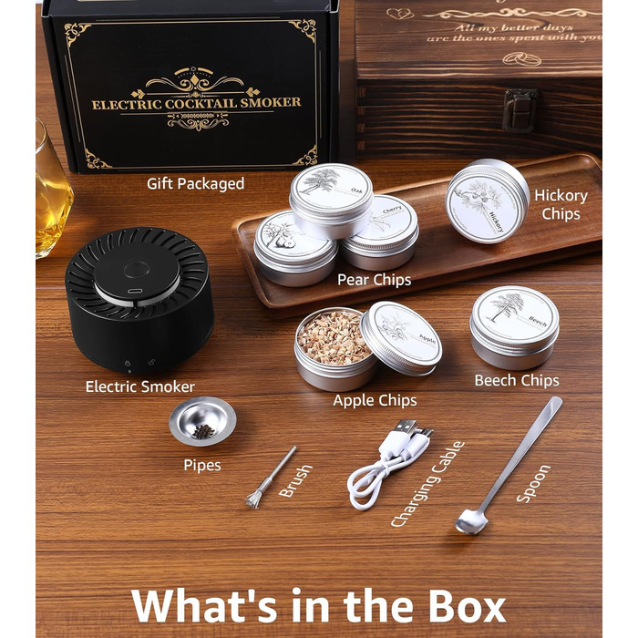 Електричний набір для копчення віскі з LED-підсвічуванням, 6 ароматів деревини, без бутану, перезаряджається, вінтажний, барний аксесуар, подарунок для чоловіків, батька, чоловіка