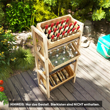 Стеллаж для напоїв на 3 ящики, дерев'яний. Трирівнева конструкція, розміри 56 x 32 x 112 см, виготовлений з натурального дерева.