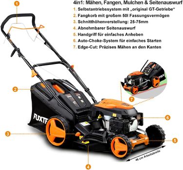 Бензиновий газонокосарка FUXTEC FX-RM4346 4-в-1 з приводом на задні колеса, ширина косіння 42 см, 46 см об'єм двигуна, 40л травоспікач