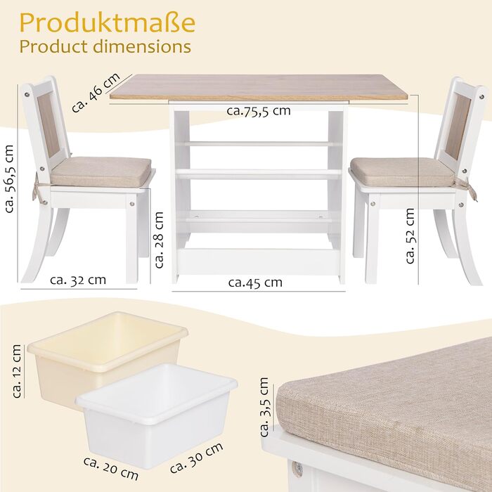 Дитячий столик та стільці ONVAYA® білого кольору з дерева | Дитячий меблевий набір з місцем для зберігання | Дитяча кімната